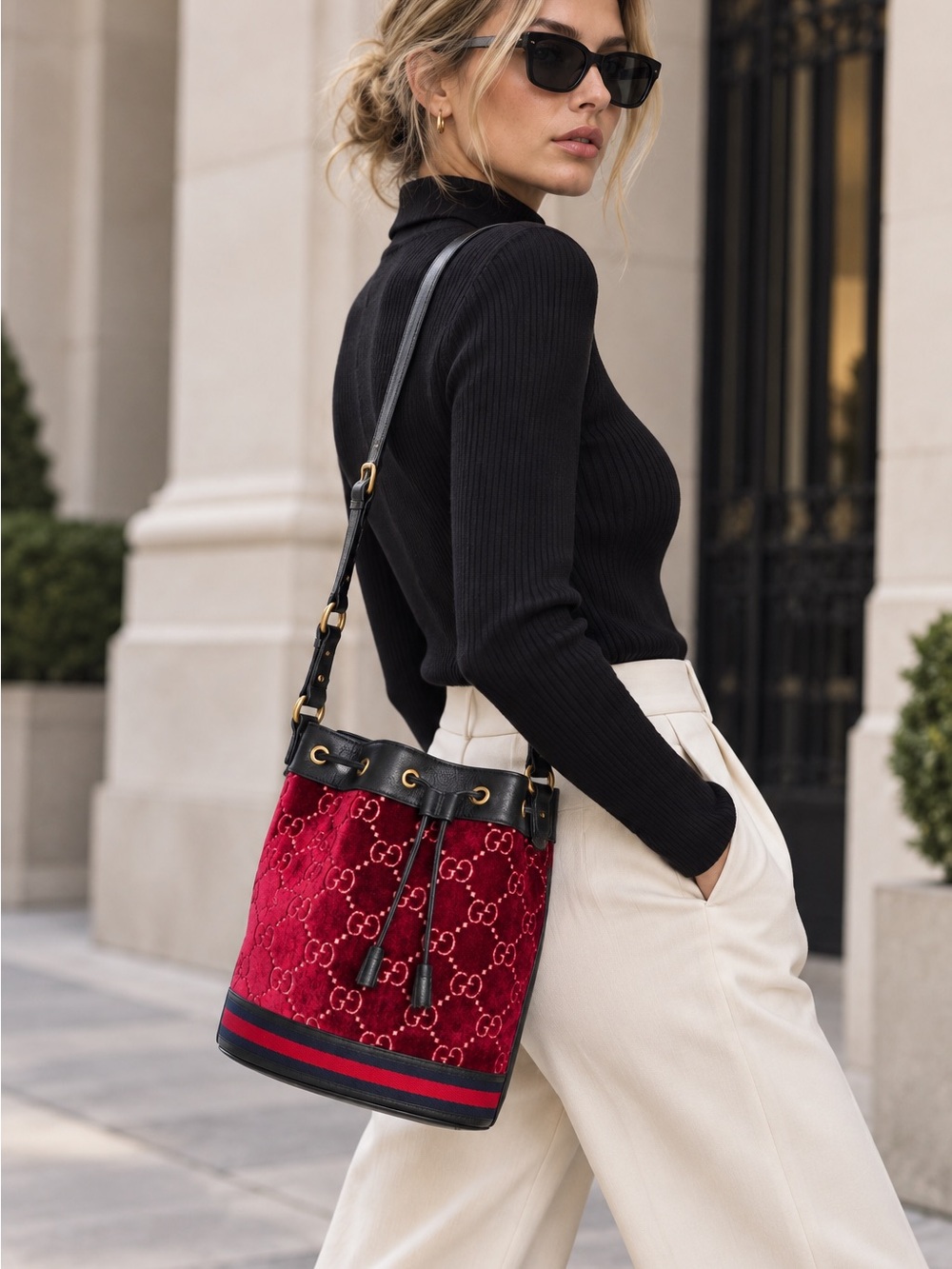GUCCI GG Velvet Web Bucket Bag RARE COLOR